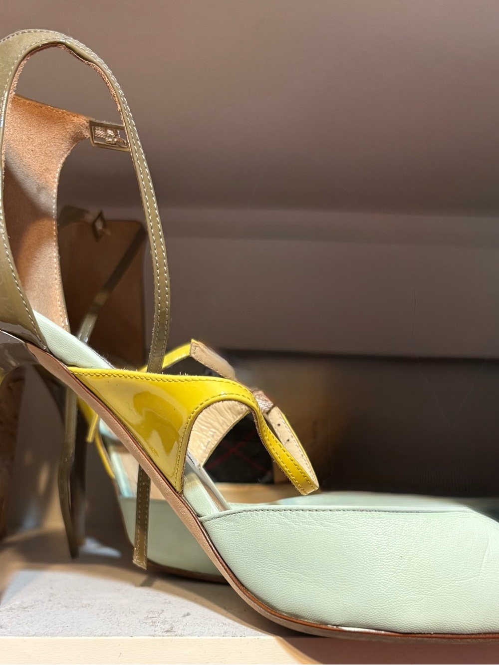 Jimmy Choo Yellow Patent & Mint Leather Slingback Heels